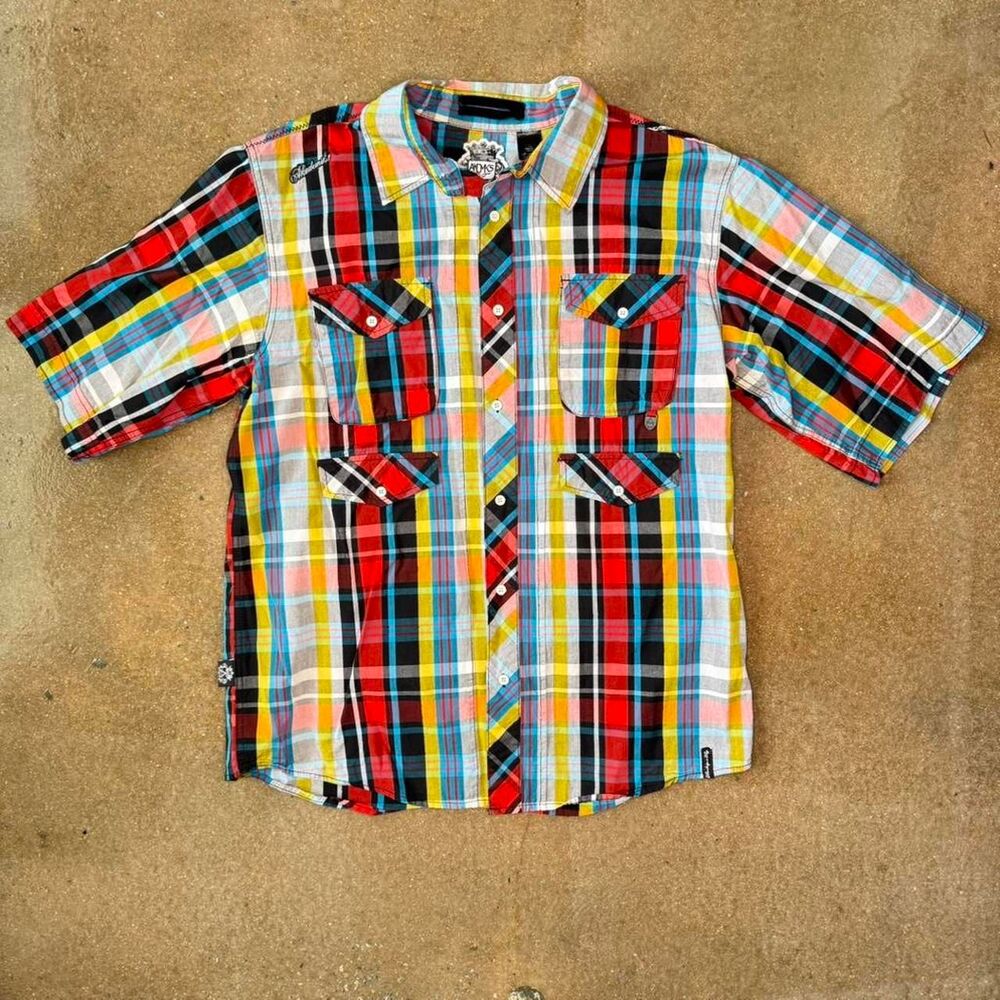 AKDMKS bold multicolor plaid button up‎ Mens XXL